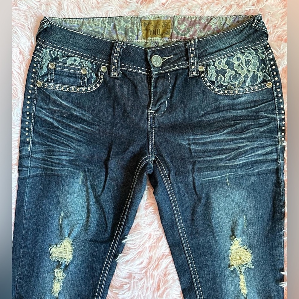 YNQ - Blue Jeans with Rhinestone Embellishments and Pockets Details